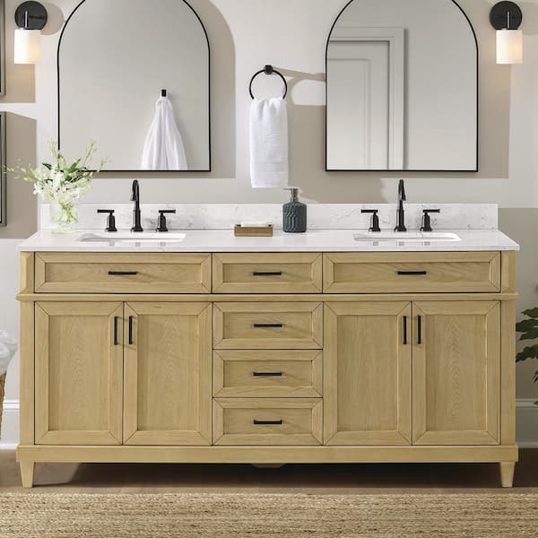 Talmore 72 in. Double Sink Light Oak Bath Vanity with White Engineered Marble Top (Assembled)