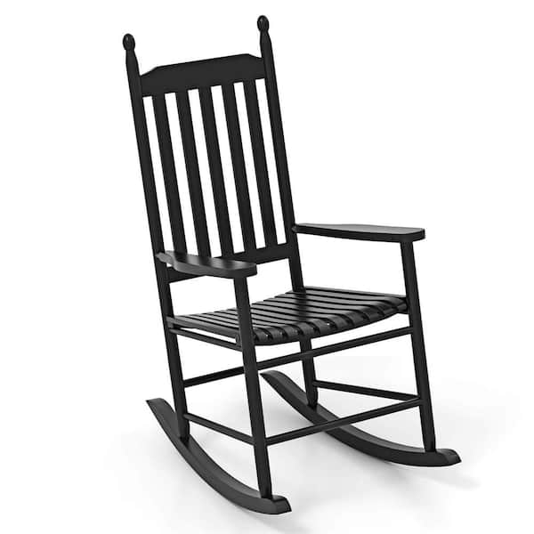 Black Wood Outdoor Rocking Chair with Solid Rocking Base Slatted Seat and Back