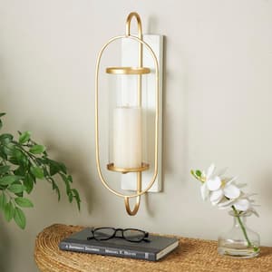 Gold Metal Oval Wall Candle Sconce with White Wood Backing