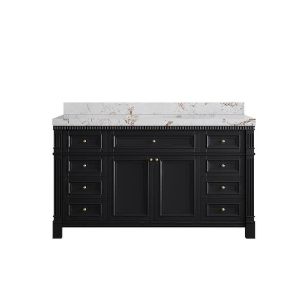 Willow Collections Paris 60 in. W x 22 in. D x 36 in. H Single Sink Bath Vanity in Black with 2 in. Viola Gold qt. Top