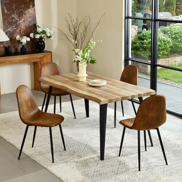 LAHAR 5-Piece Modern Farmhouse Dining Set-Walnut Edge Table with Coffee Faux Leather Ergonomic Chairs