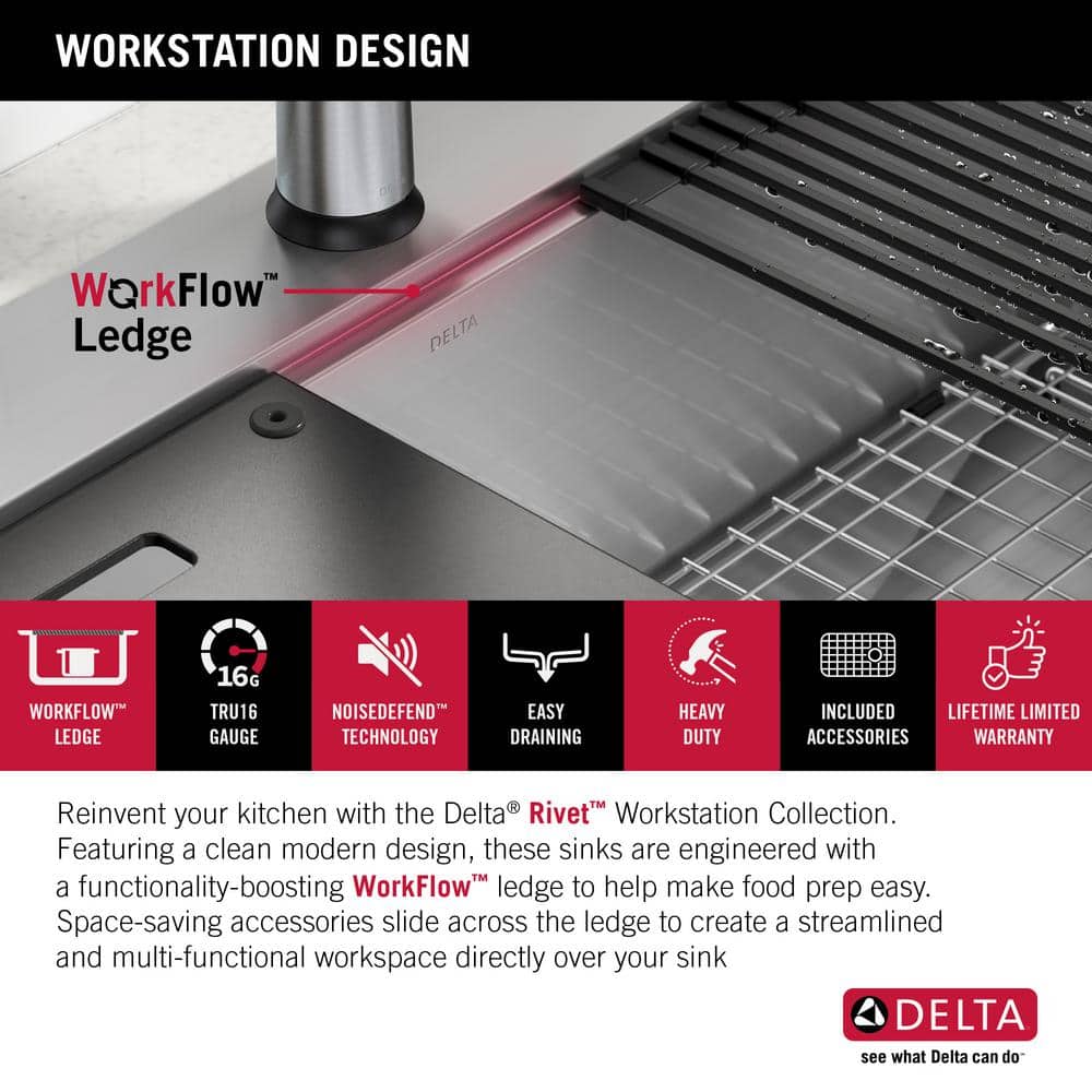 Delta Rivet 25-Inch Stainless Steel Single Bowl Workstation Kitchen Sink