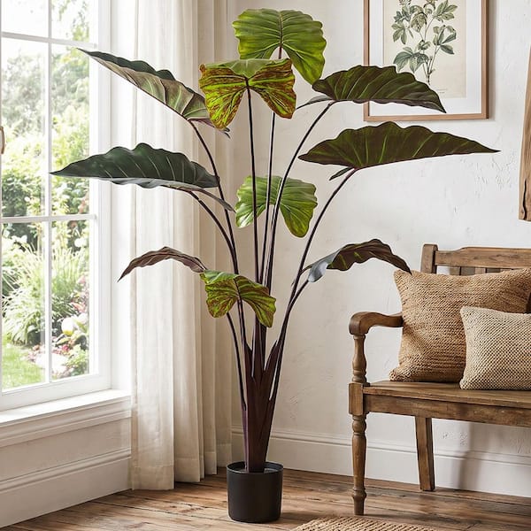 Faux 5.4 ft. Artificial Long-Lasting Green Elephant Ear Plant in Pot for Indoor and Outdoor Decor