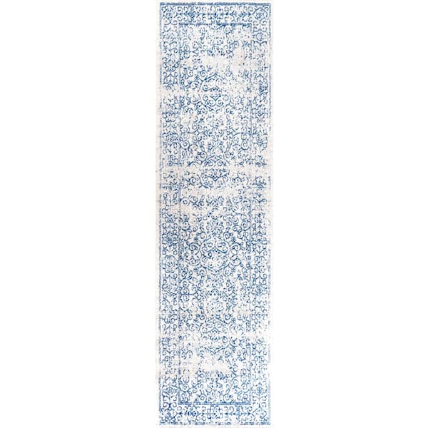 Azul Filigree Blue and White Cream/Blue 2 ft. x 8 ft. Runner Rug