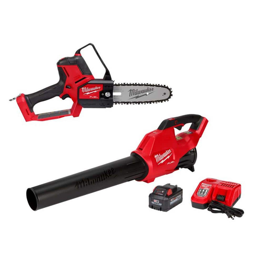 M18 FUEL 120 MPH 450 CFM 18V Lithium-Ion Brushless Cordless Blower w/M18 HATCHET Pruning Saw, 8.0 Ah Battery, Charger -  Milwaukee, 2724HD-3004