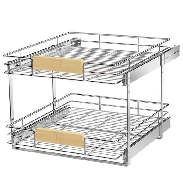 Space Saver Silver Metal Pull-Out Organizer for Kitchen Wooden Handle Slide Out Storage