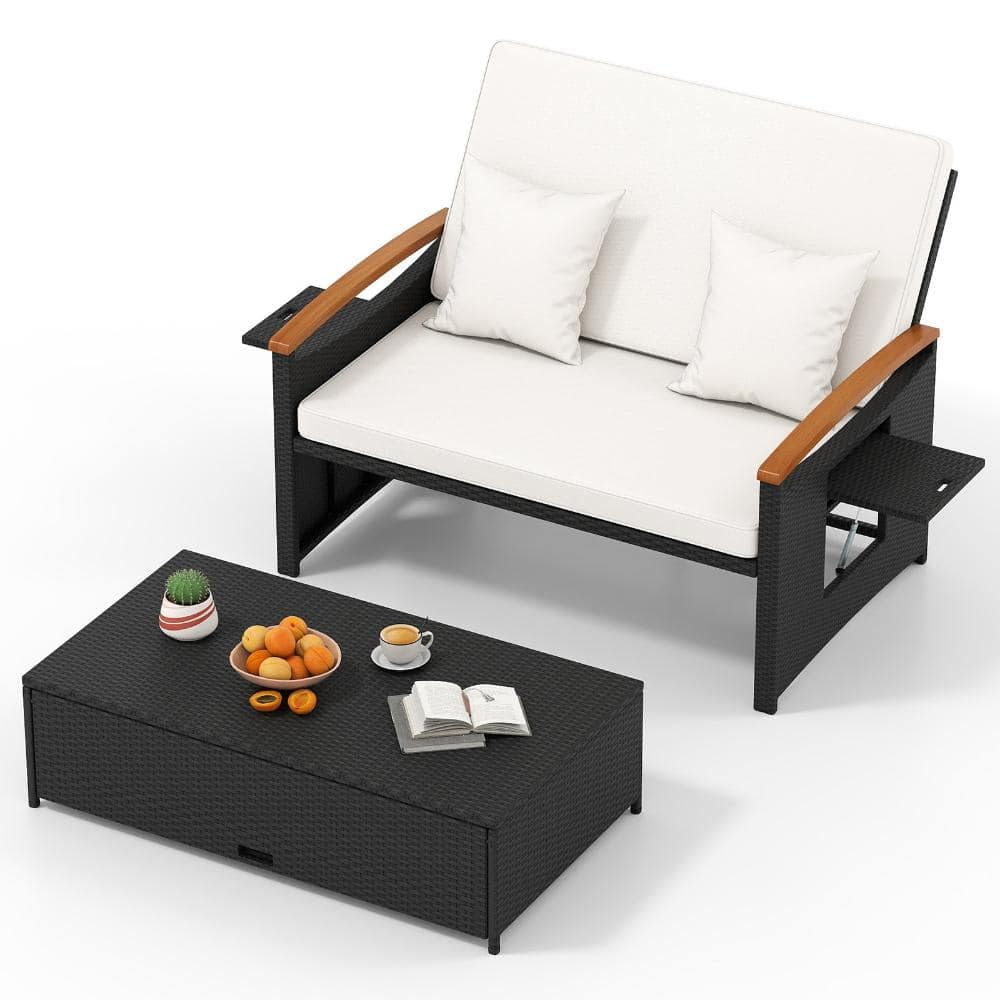 Ecooso PE Rattan Outdoor Daybed Loveseat with Folding Panels, Storage Ottoman and Cushions, White