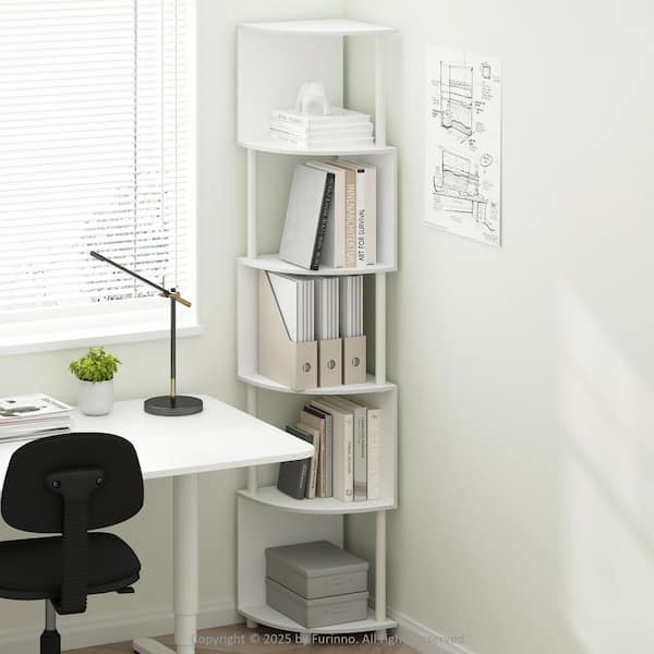 Basic 71.26 in. Tall White/White Wood 5-Shelf Corner Bookcase with Zigzag Design