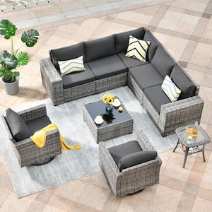 Crater Grey 9-Piece Wicker Wide-Plus Arm Patio Conversation Sofa Set with Swivel Rocking Chairs and Black Cushions