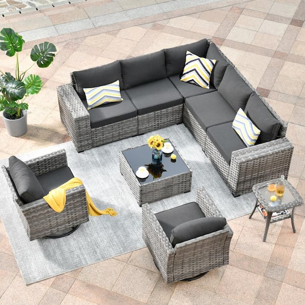 HOOOWOOO Crater Grey 9-Piece Wicker Wide-Plus Arm Patio Conversation Sofa Set with Swivel Rocking Chairs and Black Cushions