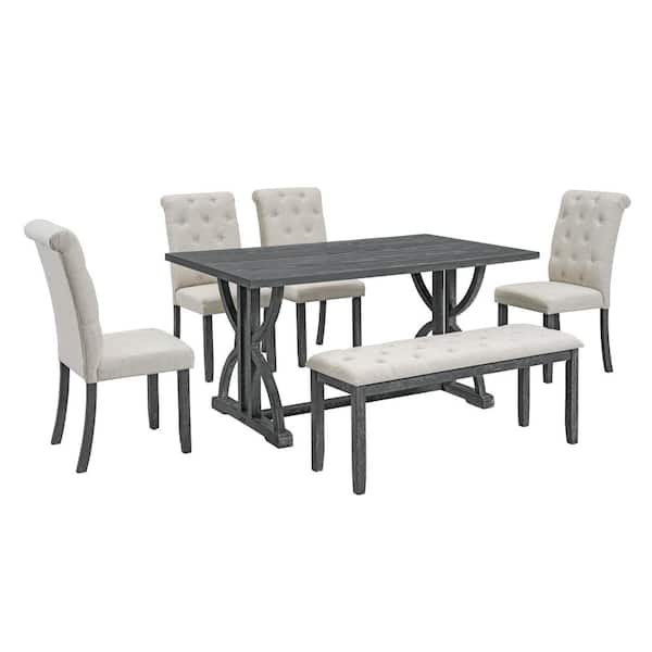 6-Piece Retro Gray Wash Wood Top Dining Room Set Seats 5