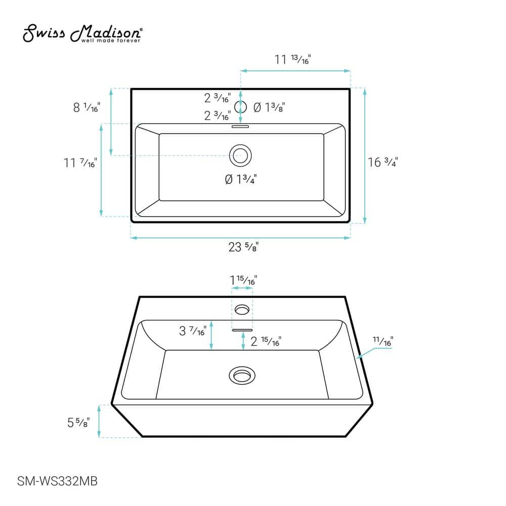 Claire 24" Matte Black Ceramic Wall-Mount Bathroom Sink