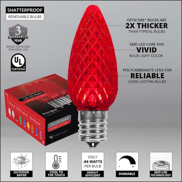 Wintergreen Lighting OptiCore C9 LED Red Faceted Christmas Light Bulbs (25- Pack) 72646 - The Home Depot