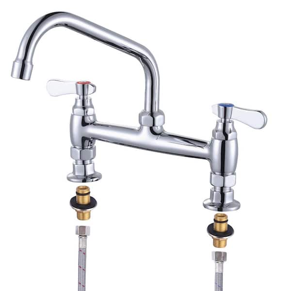 IVIGA Double Handle Deck Mounted Commercial Standard Kitchen Faucet with 8 in. Swivel Spout & Supply Lines in Polished Chrome