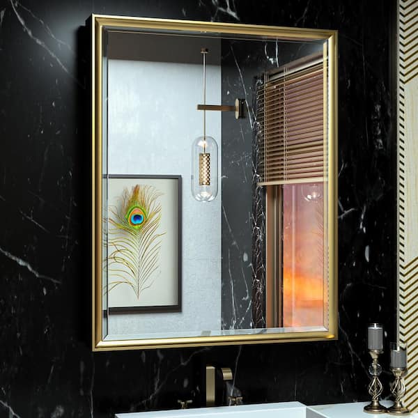 KeonJinn 24 in. W x 30 in. H Rectangular Aluminum Alloy Gold Framed Recessed/Surface Mount Medicine Cabinet with Mirror