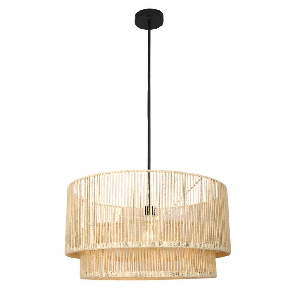 Uixe 21.5 in. 1-Light Rattan Wicker Drum Boho Pendant Light