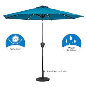 9 ft. Round 8 Rib Aluminum Market Bluetooth Solar Lighted Patio Umbrella in Teal