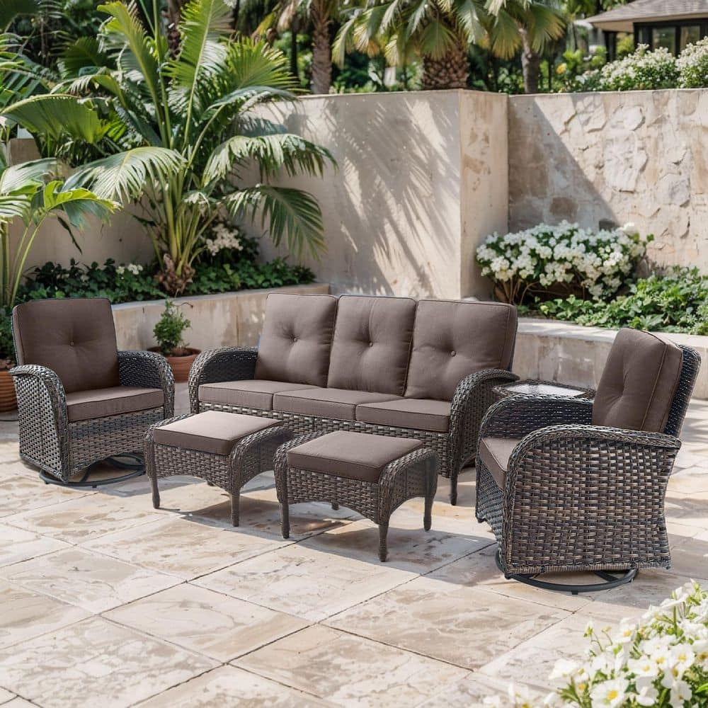 SleekArm 6-Piece Brown Wicker Patio Conversation Set with Olefin Gray Cushion and Outdoor Swivel Glider Chairs price history on PriceWatchPro