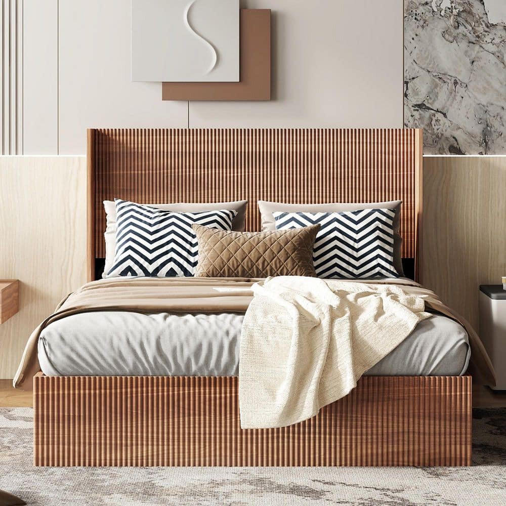 Bella Brown Wood Frame Queen Size Platform Bed with Lift Storage, Fluted Headboard, Natural