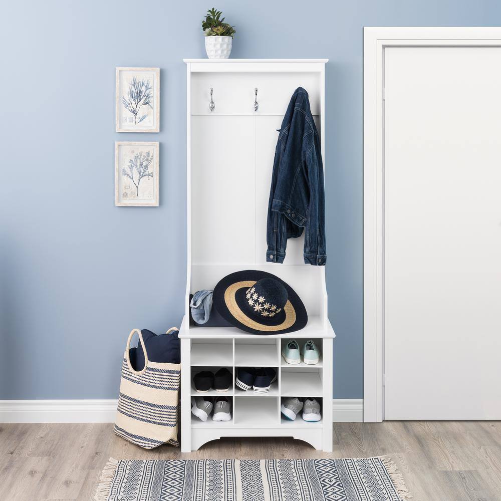 White Wood and Metal Hall Tree with 9 Shoe Cubbies