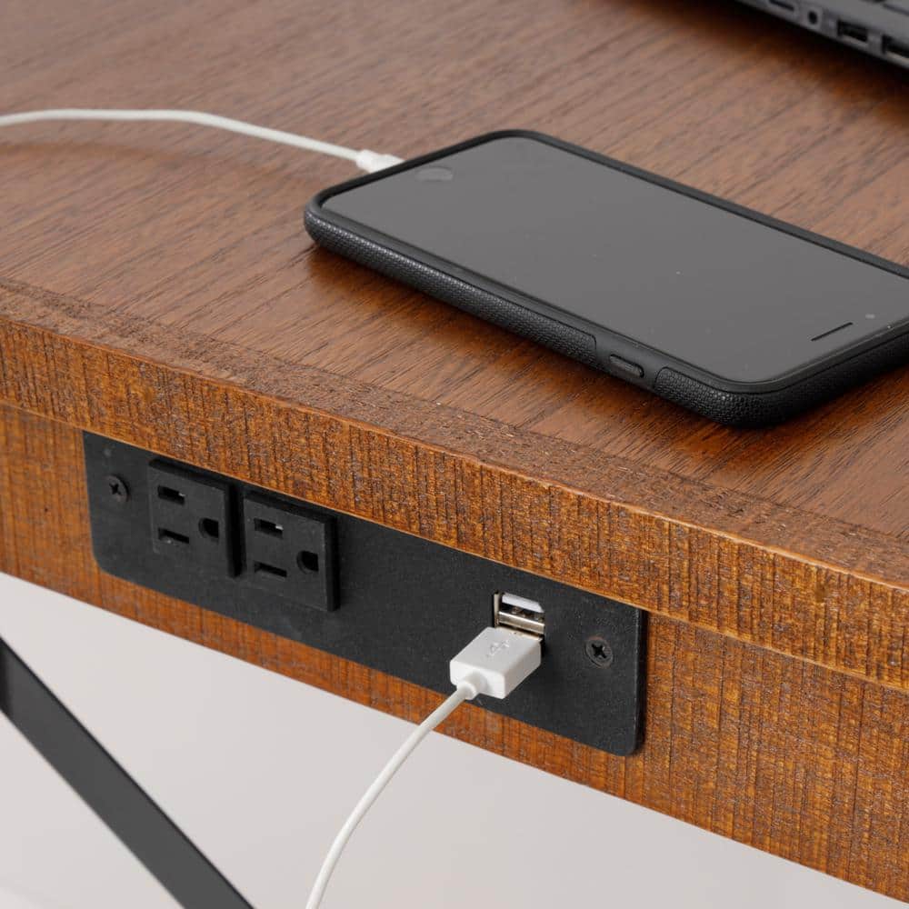 Brown Wood Industrial Desk with Hutch and USB Ports