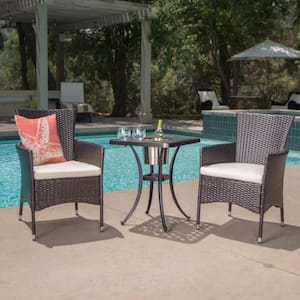 Ava Brown 3-Piece Aluminum and Faux Rattan Square Outdoor Bistro Set with Beige Cushions