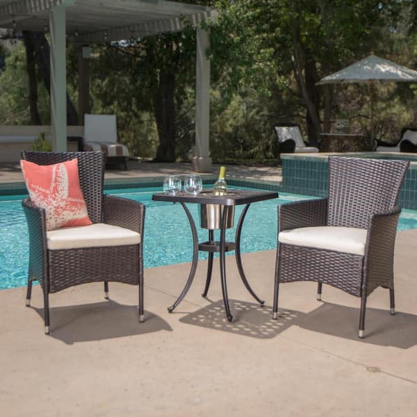 Noble House Ava Brown 3-Piece Aluminum and Faux Rattan Square Outdoor Bistro Set with Beige Cushions