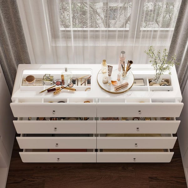 White 8-Drawer 55.1 in. Chest of Drawers with Glass Top Visible Storage and Adjustable LED Lighting