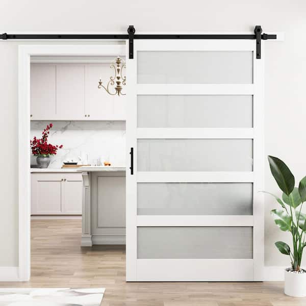 48 in. x 84 in. 5 Lite Tempered Frosted Glass White Primed MDF Wodd Sliding Barn Door with Hardware Kit and Soft Close