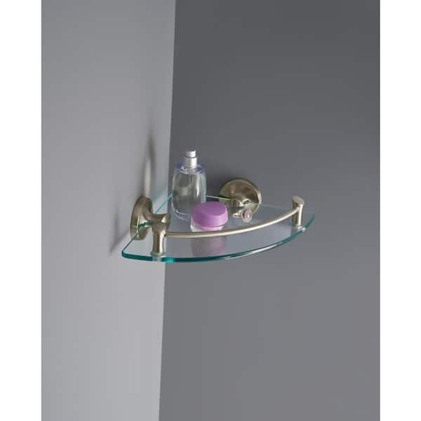 Extensions 8 in. Glass Corner Shelf with Rail Bath Hardware Accessory in Brushed Nickel