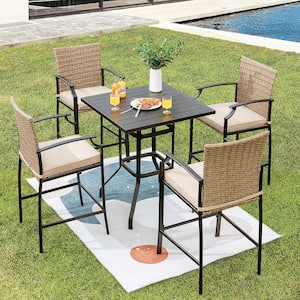 5-Piece Wicker Square 37 in. Outdoor Bistro Set Rattan Bar Stool Table Set with Beige Cushions