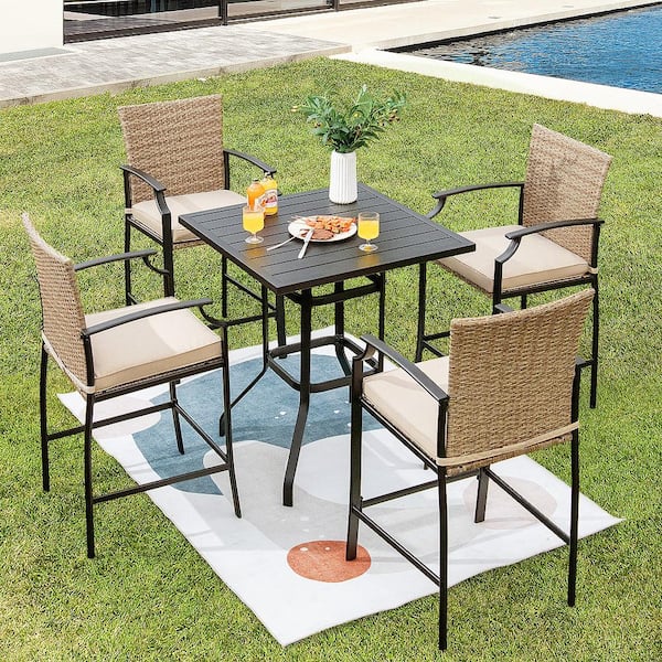 44 in. Brown Steel Standard Back Bar Stool with PE Rattan Seat (Set of 4)