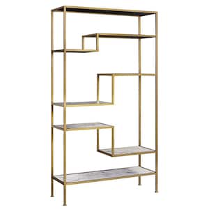 Marmo 40 in. Marble-Look Wooden 7 Shelf Modern 5-Tier Display Shelf in Marble/Brass