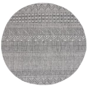 Courtyard Black/Gray 4 ft. x 4 ft. Round Striped Tribal Chevron Indoor/Outdoor Area Rug