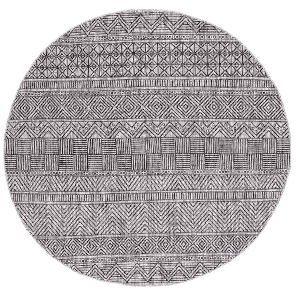 Courtyard Black/Gray 7 ft. x 7 ft. Striped Tribal Chevron Indoor/Outdoor Round Area Rug price history on PriceWatchPro