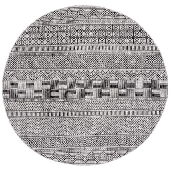 Courtyard Black/Gray 8 ft. x 8 ft. Striped Tribal Chevron Indoor/Outdoor Round Area Rug