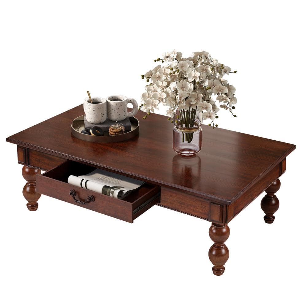 47 in. Walnut Rectangular MDF Coffee Table with Storage Drawer and Gourd-Shaped Legs durable construction price history on PriceWatchPro