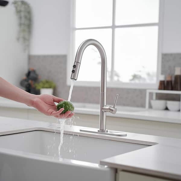 Single Handle Pull-Down Sprayer Kitchen Faucet with Deck Plate in Brushed Nickel
