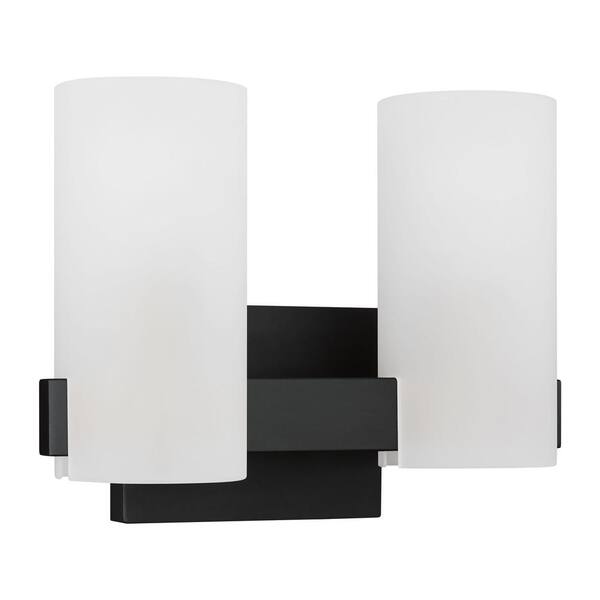 SCOTT LIVING - Rhode 12.13 in. 2-Light Midnight Black Medium Vanity Light with Etched Glass Shades