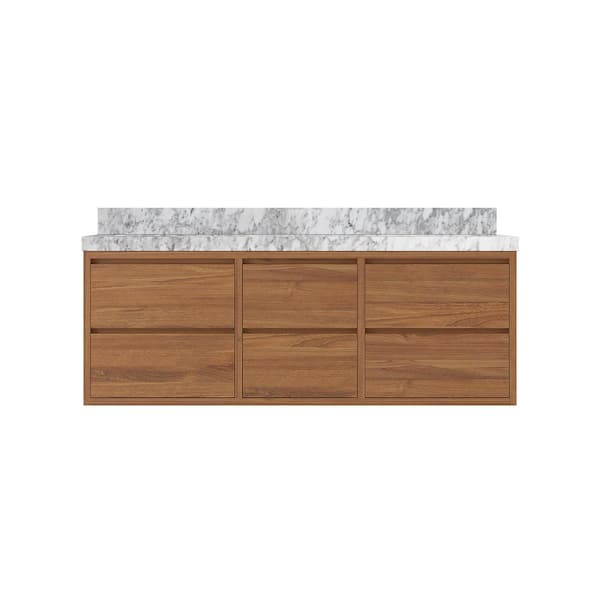 Willow Collections Madison Float 60 in. W x 22 in. D x 36 in. H Double Sink Bath Vanity in Dark Natural with 2 in. Carrara Marble Top