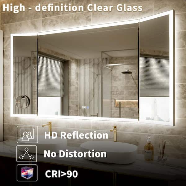 Tri-Fold 66 in. W x 36 in. H Rectangular Frameless LED Wall Bathroom Vanity Mirror, Dual Lighting, Dimmable, Magnifier