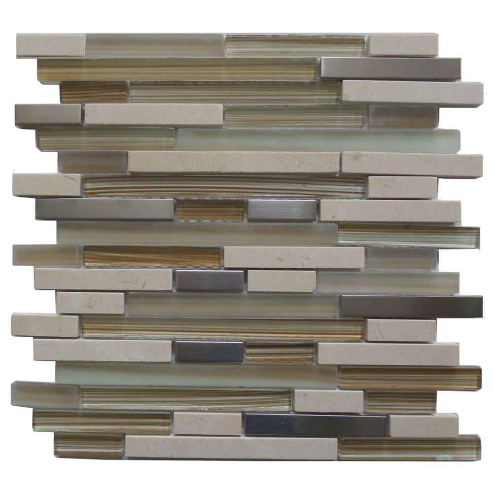 12 in. x 12 in. x 8 mm Glass Metal Stone Interlocking Mosaic Wall Tile ...