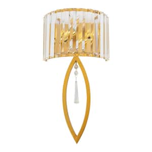 9 in. 2-Light Gold Modern Crystal Wall Sconce Wall Light with Clear Crystal Shade, No Bulbs Included