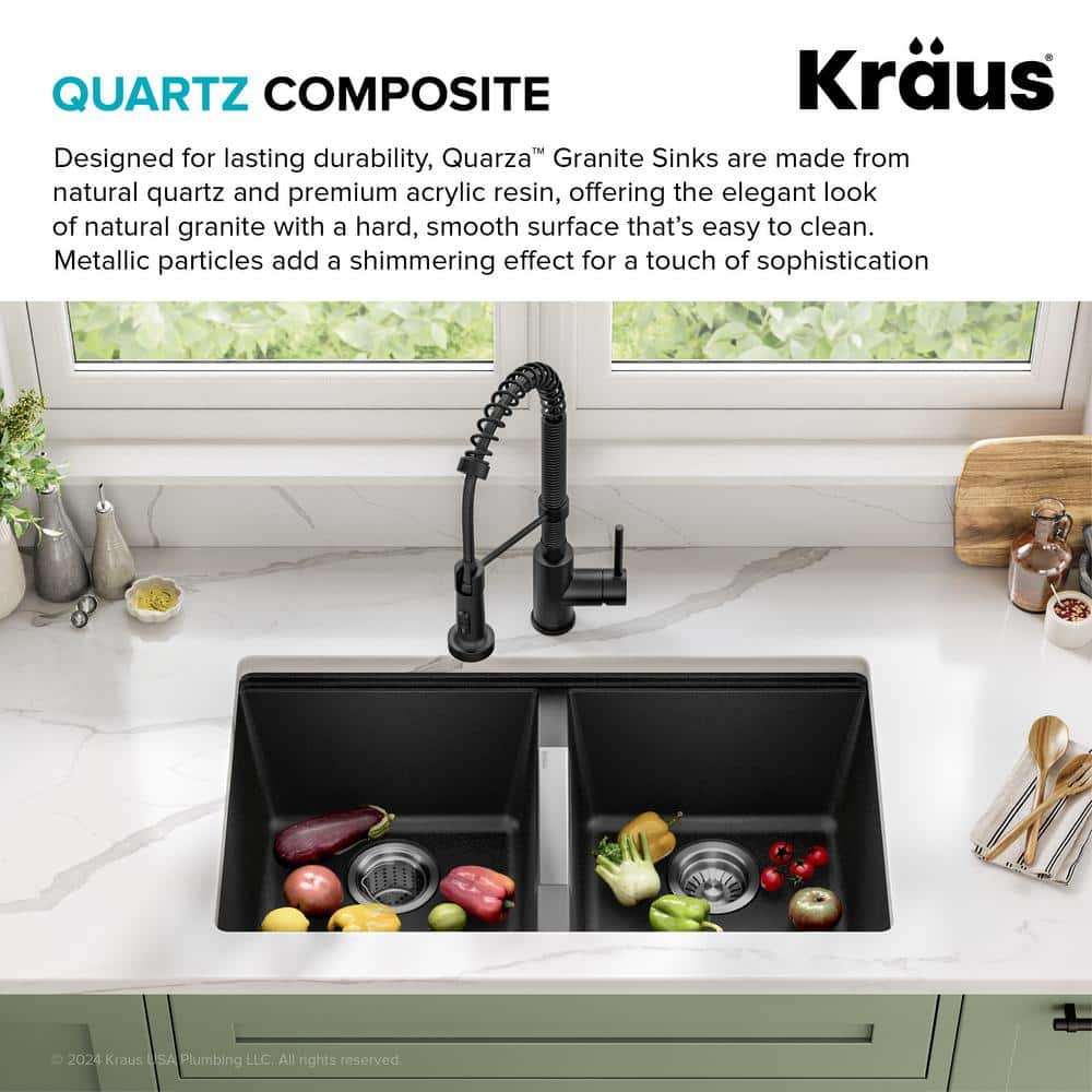 KRAUS 33 inch L Undermount 50/50 Double Bowl Black Onyx Granite Kitchen Sink