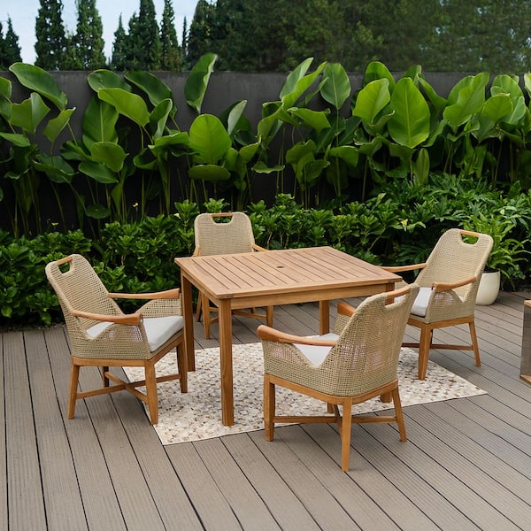 Midney 5-Piece Teak Wood Outdoor Dining Set with Tan Cushions