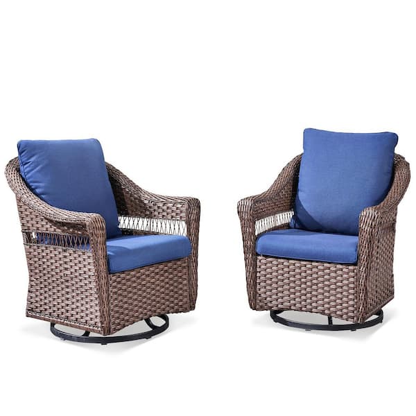 Brown Swivel Wicker Outdoor Rocking Chair with Glider, Patio Rocker Chairs with Blue Cushions (2-Pack)