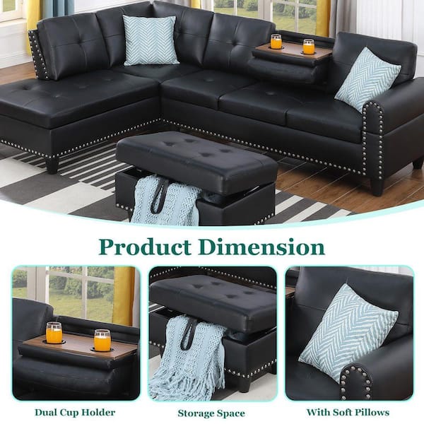 HOMEFUN 98 in. Faux Leather L-Shaped 3-Piece Cup Holders Chaise
