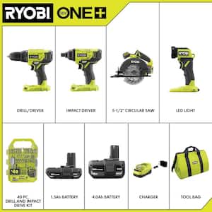 ONE+ 18V Cordless 4-Tool Combo Kit w/ 1.5 Ah and 4.0 Ah Batteries, Charger, & 40-Piece Drill and Drive Impact Rated Kit