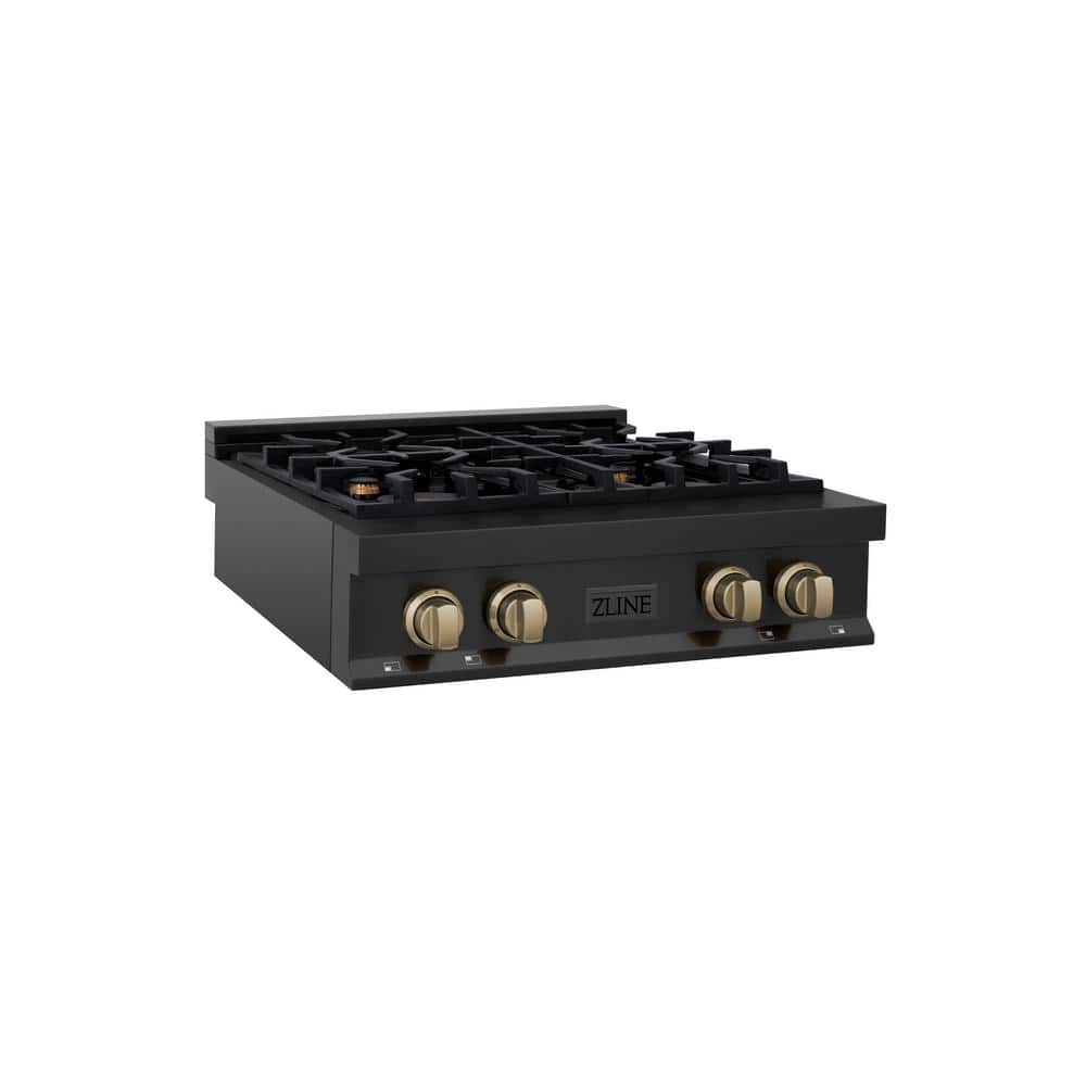 ZLINE Kitchen and Bath Autograph Edition 30 in. 4 Burner Front Control Gas Cooktop with Champagne Bronze Knobs in Black Stainless Steel, Black Stainless Steel & Champagne Bronze