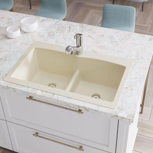 Rene Ecru Granite Quartz 33 in. Double Bowl Drop-In Kitchen Sink Kit